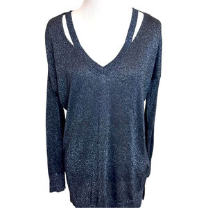 Topshop Black & Silver Shimmer Sweater Top Cut Out Long Lightweight Sleeve Sz. 4